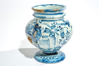A blue and white Italian maiolica armorial pharmacy drug jar, Savona, 18th C.