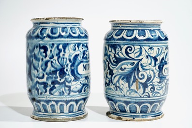 A pair of large blue and white Antwerp maiolica &quot;A foglie&quot; albarelli, 16th C.