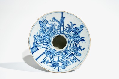 A rare Dutch Delft blue and white cuspidor with tobacco harvesting scenes, 1st half 18th C.