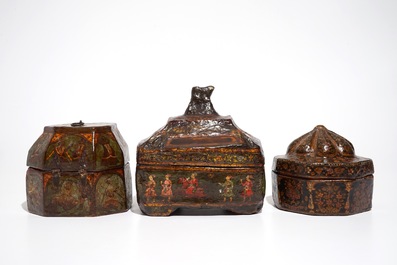 Three painted papier mache boxes, prob. India, 19th C.