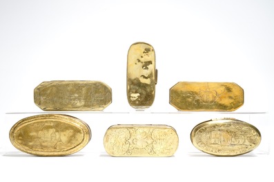 Six Dutch engraved brass tobacco boxes, 18th C.