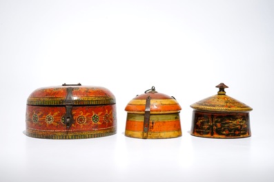 Six iron-mounted painted wood covered boxes, India and Afghanistan, 19/20th C.