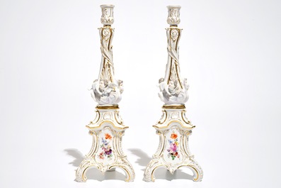 A pair of Meissen porcelain candlesticks, Germany, 19th C.