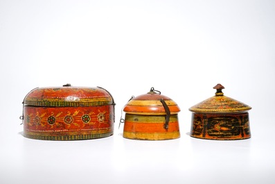 Six iron-mounted painted wood covered boxes, India and Afghanistan, 19/20th C.