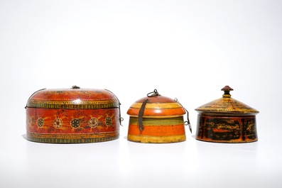 Six iron-mounted painted wood covered boxes, India and Afghanistan, 19/20th C.