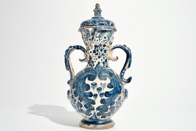 A Spanish pottery blue and white two-handled vase and cover, Triana, Seville, 18th C.