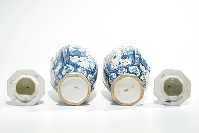 A pair of Dutch Delft blue and white chinoiserie covered vases, 18th C.
