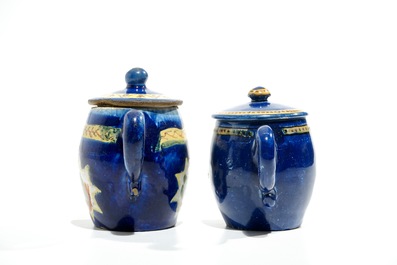 Two Brussel faience blue ground mustard jars, 18/19th C.