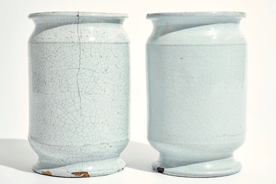 A pair of Brussels faience albarello drug jars, 18th C.