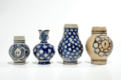Four Westerwald stoneware jugs, Germany, 17th C.