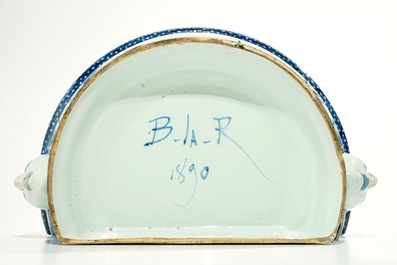 A blue and white French faience Delft style wall fountain and basin, Bourg-la-Reine, dated 1890