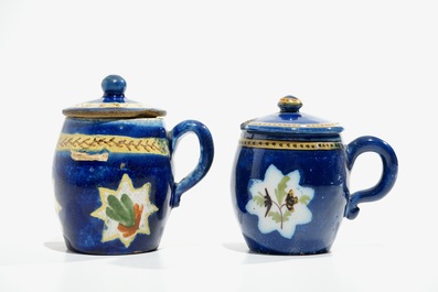 Two Brussel faience blue ground mustard jars, 18/19th C.