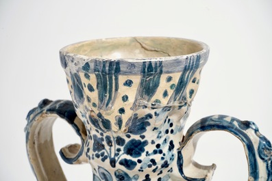 A Spanish pottery blue and white two-handled vase and cover, Triana, Seville, 18th C.
