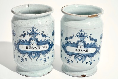 A pair of Brussels faience albarello drug jars, 18th C.