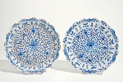 A Dutch Delft blue and white strawberry strainer on stand with pseudo-Chinese mark, 18th C.