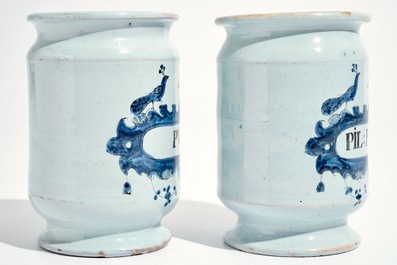 A pair of French faience Delft style albarello drug jars, Lille, 18th C.
