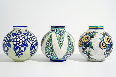 Three art nouveau crackle glazed vases, Charles Catteau for Boch K&eacute;ramis, 1st half 20th C.