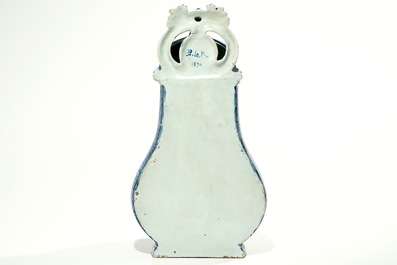 A blue and white French faience Delft style wall fountain and basin, Bourg-la-Reine, dated 1890
