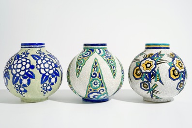 Three art nouveau crackle glazed vases, Charles Catteau for Boch K&eacute;ramis, 1st half 20th C.
