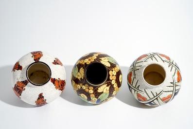 Three art nouveau matte and crackle glazed vases, Charles Catteau for Boch K&eacute;ramis, 1st half 20th C.