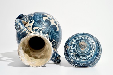 A Spanish pottery blue and white two-handled vase and cover, Triana, Seville, 18th C.