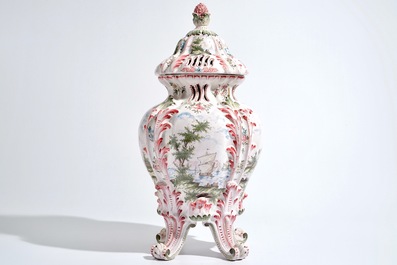 A large French faience reticulated pot pourri vase and cover in the style of Marseille, 19th C.