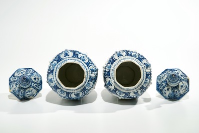 A pair of Dutch Delft blue and white chinoiserie covered vases, 18th C.