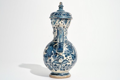 A Spanish pottery blue and white two-handled vase and cover, Triana, Seville, 18th C.