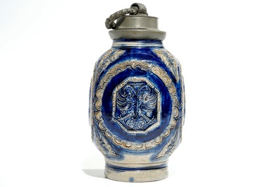 A square pewter-mounted Westerwald stoneware jug, 17th C.