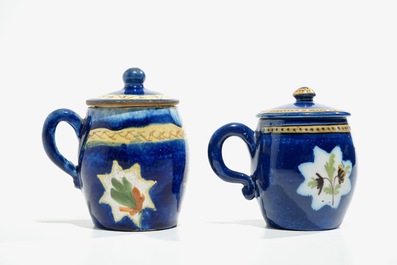 Two Brussel faience blue ground mustard jars, 18/19th C.