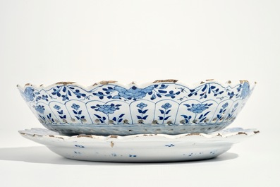 A Dutch Delft blue and white strawberry strainer on stand with pseudo-Chinese mark, 18th C.