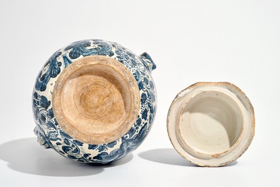 A Spanish pottery blue and white two-handled vase and cover, Triana, Seville, 18th C.