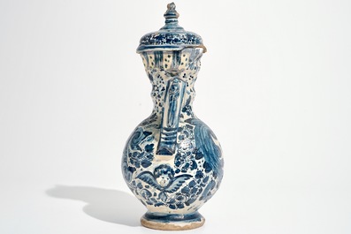 A Spanish pottery blue and white two-handled vase and cover, Triana, Seville, 18th C.