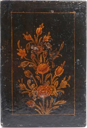 Two painted papier mache mirror frames and a painted panel, Qajar, Iran, 19th C.