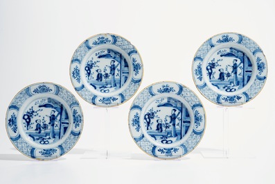 Seven Dutch Delft blue and white plates and a large armorial dish, 17/18th C.
