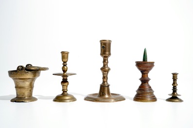 A bronze holy water bucket and four miniature candlesticks, 16/17th C. and later