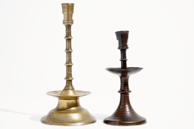 Two gothic bronze candlesticks, Low Countries, 15/16th C.