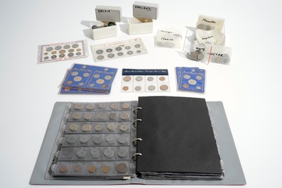 A large collection of stamps and coins, mostly Belgium and Belgian Congo