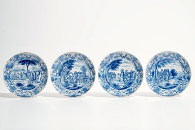Sept assiettes en fa&iuml;ence de Delft bleu et blanc aux sujets religieux, 18&egrave;me