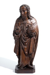 Een grote eiken sculptuur van Christus als Salvator Mundi, Vlaanderen, 16e eeuw