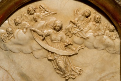A large carved alabaster relief &quot;The adoration of the shepherds&quot;, monogram IB, poss. Malines, 17th C.