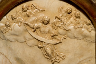 Un grand relief en alb&acirc;tre &agrave; d&eacute;cor &quot;L'Adoration des bergers &quot;, monogramme IB, poss. Malines, 17&egrave;me