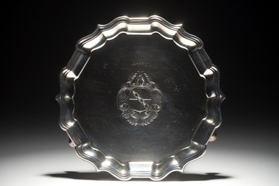 An English armorial silver salver, London, 18th C.