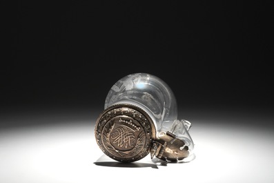 An armorial engraved glass tankard with fine silver lid, marked Augsburg, Germany, 17th C.