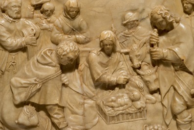 A large carved alabaster relief &quot;The adoration of the shepherds&quot;, monogram IB, poss. Malines, 17th C.