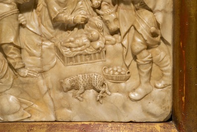 Un grand relief en alb&acirc;tre &agrave; d&eacute;cor &quot;L'Adoration des bergers &quot;, monogramme IB, poss. Malines, 17&egrave;me