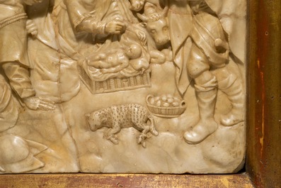 A large carved alabaster relief &quot;The adoration of the shepherds&quot;, monogram IB, poss. Malines, 17th C.