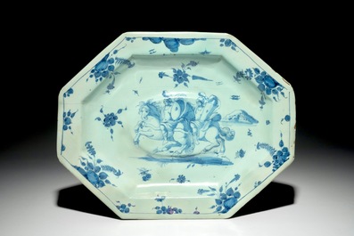 A polychrome armorial plate and a blue and white octagonal dish, Savona, Italy, 18th C.