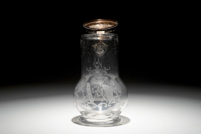 An armorial engraved glass tankard with fine silver lid, marked Augsburg, Germany, 17th C.