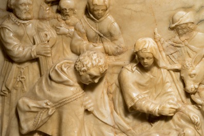 A large carved alabaster relief &quot;The adoration of the shepherds&quot;, monogram IB, poss. Malines, 17th C.